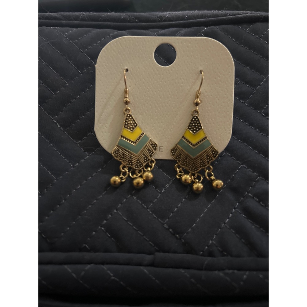 Boho Dangle Earrings Gold Tone Yellow Teal‎ Diamond Geometric Drop
